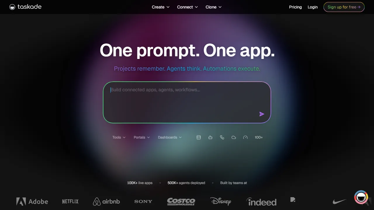Taskade AI interface screenshot showing the main dashboard