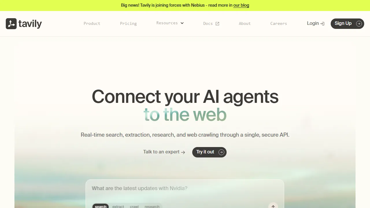 Tavily interface screenshot showing the main dashboard