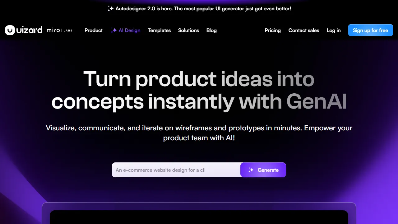 Uizard interface screenshot showing the main dashboard
