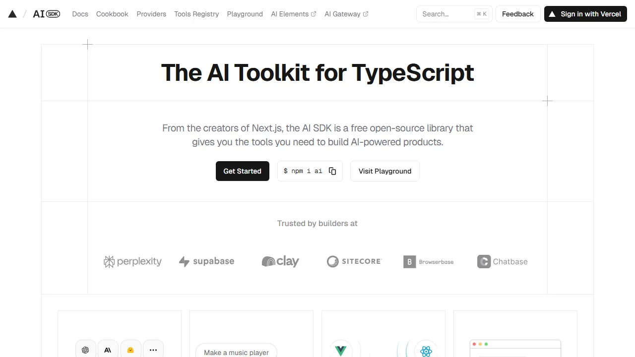 Vercel AI SDK interface screenshot showing the main dashboard