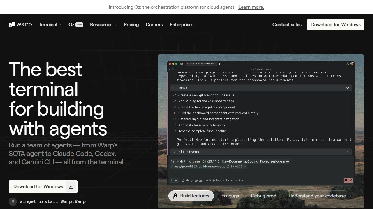 Warp interface screenshot showing the main dashboard